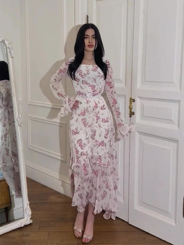 Woochic robe à manches longues col en U imprimée à volants irrégulière rose S